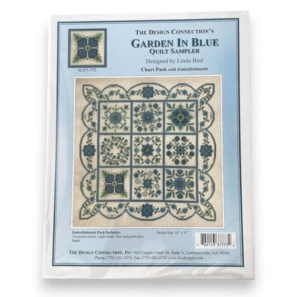 Cross Stitch Garden in Blue Quilt Sampler Pattern by Linda Bird with bead pack - Picture 1 of 3